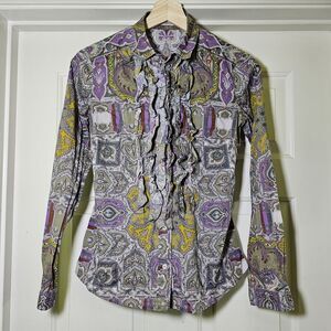 Etro Italy Women's Size IT 40 (US S or 4) Button Up With Tuxedo Ruffle Ornate